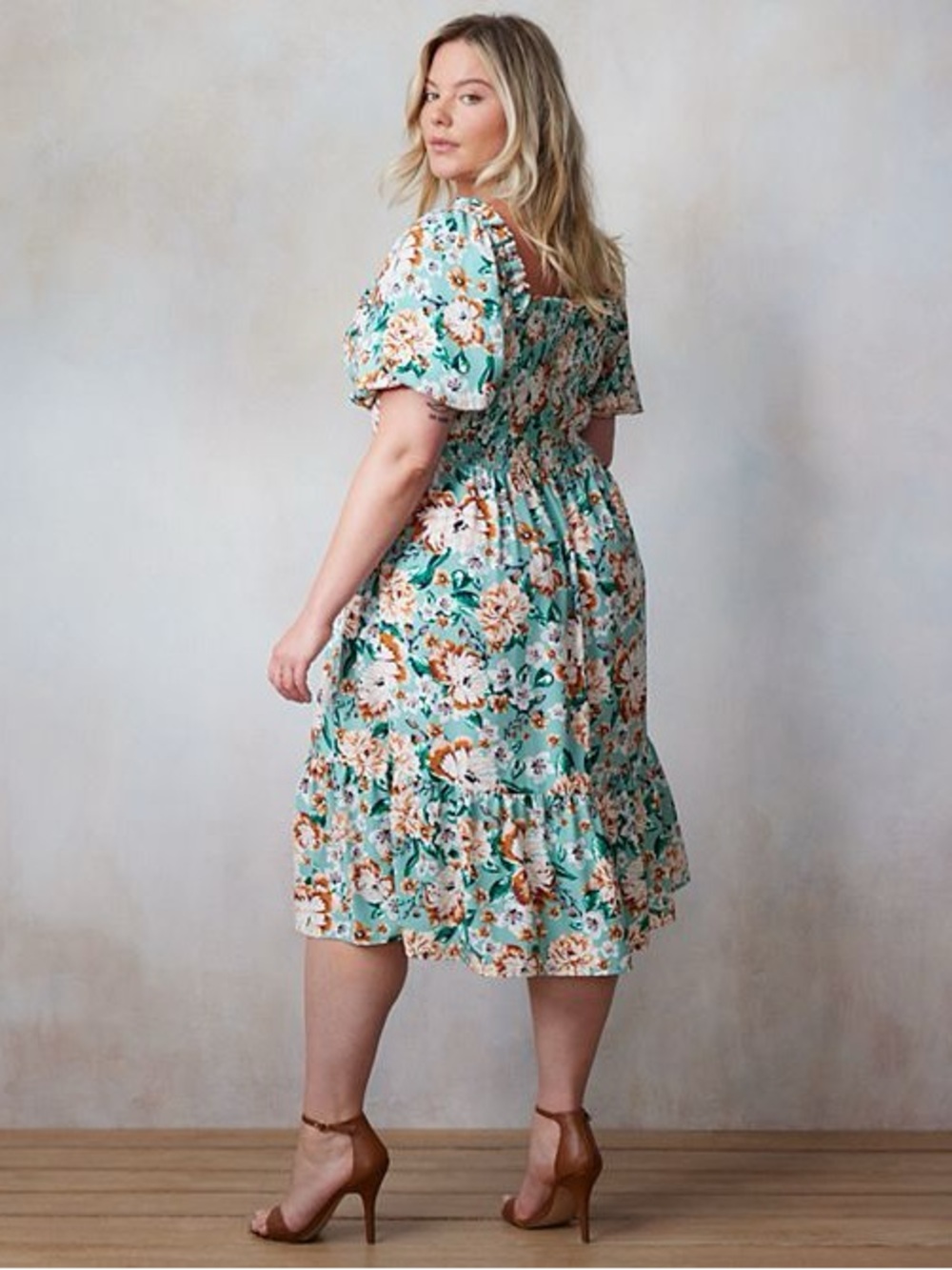 LC Lauren Conrad Balloon Sleeve Smocked Midi Dress Floral Teal Green Orange XL